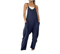 SMIDOW Jumpsuit For Women Dressy Casual Loose Sleeveless Spaghetti Strap Stretchy Wide Leg Long Pant Romper With Pockets, #05 Navy, XL