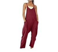 SMIDOW Jumpsuit For Women Dressy Casual Loose Sleeveless Spaghetti Strap Stretchy Wide Leg Long Pant Romper With Pockets, #08 Red, S