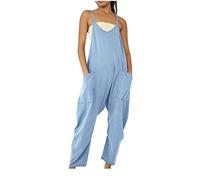 SMIDOW Jumpsuit For Women Dressy Casual Loose Sleeveless Spaghetti Strap Stretchy Wide Leg Long Pant Romper With Pockets, #016 Light Blue, Large