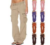 SMIDOW Low Rise Cargo Pants for Women Plus Size Baggy Stretchy Wide Leg Pants Pockets Y2K Streetwear Combat Military Trousers, #G02-khaki, XS