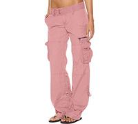 SMIDOW Low Rise Cargo Pants for Women Plus Size Baggy Stretchy Wide Leg Pants Pockets Y2K Streetwear Combat Military Trousers, #G04-pink, XXXL