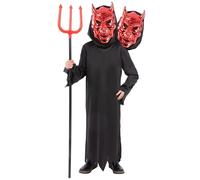 Smiffys 2 Headed Demon Reaper Costume for Kids, Scary Halloween Fancy Dress Outfit with Black Hooded Robe, Double Red Demon Mask, Creepy Two Head Reaper, Trick or Treating, Spooky Horror