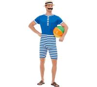 Smiffys 20s Bathing Suit Costume, Blue & White with Short Jumpsuit, Hat & Moustache, 1920's Razzle Fancy Dress, 1920s Dress Up Costumes