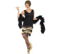 Smiffys 20s Fringed Flapper Costume, Black with Beaded Lace Front Dress, 1920's Razzle Fancy Dress, Adult Dress Up Costumes