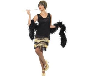 Smiffys 20s Fringed Flapper Costume, Black with Beaded Lace Front Dress, 1920's Razzle Fancy Dress, Adult Dress Up Costumes