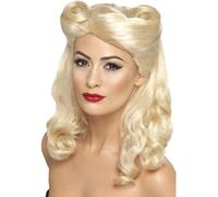 Smiffys 40s Pin Up Wig, Blonde with Victory Rolls, 1940's Wartime Fancy Dress, 1940s Dress Up Wigs