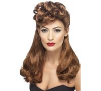 Smiffys 40s Vintage Wig, Auburn Long with Top Curls, 1940's Wartime Fancy Dress, 1940s Dress Up Wigs