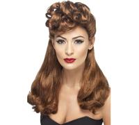 Smiffys 40s Vintage Wig, Auburn Long with Top Curls, 1940's Wartime Fancy Dress, 1940s Dress Up Wigs