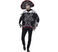 Smiffys Day of the Dead Bandit Costume, Black & White with Poncho, Sombrero & Gloves, Mexican Day of The Dead/Sugar Fancy Dress, Halloween Dress Up Costumes