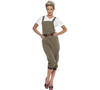 WW2 Khaki Land Girl Costume - Top, Dungarees Headscarf for Adults - Fancy Dress