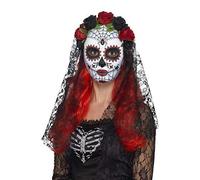 Smiffys Day of the Dead Senorita Mask, Full Face, Red & Bl with Roses & Veil, Eyemasks Fancy Dress, Halloween Dress Up Masks