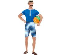 Smiffys 50726L 20s Bathing Suit Costume, Men, Blue White