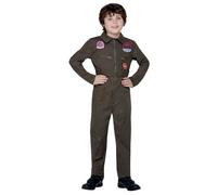 Smiffys Top Gun Costume, Kids Khaki Jumpsuit, Official Top Gun License Outfit with Top Gun Badge Details, Working Zip Up Front & Applique Badges, Official Top Gun Halloween Fancy Dress
