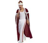 Smiffys Queen Deluxe Royal Costume, Red with Robe, Trousers, Crown & Moustache, Officially Licensed "Queen" Fancy Dress, Adult Music Dress Up Costumes, Music legend costume