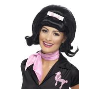 Smiffys 50s Flicked Beehive Bob, Black with Ribbon Bow, 1950's Rock'n'Rolla Fancy Dress, 1950s Dress Up Wigs Halloween
