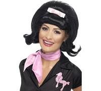 Smiffys 50s Flicked Beehive Bob, Black with Ribbon Bow, 1950's Rock'n'Rolla Fancy Dress, 1950s Dress Up Wigs Halloween
