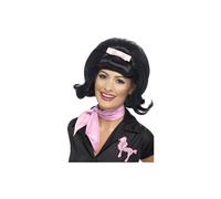 Smiffy's 1950s Flicked Beehive Bob Wig Black with Pink Ribbon Bow Adult