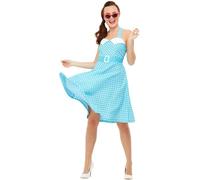 Smiffys 50s Pin Up Costume, Blue with Halter Neck Swing Dress, 1950's Rock'n'Rolla Fancy Dress, 1950s Dress Up Costumes