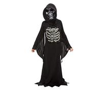 Smiffys Skeleton Reaper Costume, Black with Robe & Hooded Mask, Halloween Child Fancy Dress, Skeleton Dress Up Costumes