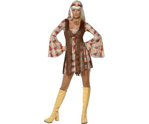 Smiffys 60s Groovy Baby, Patterned with Dress and Fringe Waistcoat and Head Scarf, 1960's Groovy Fancy Dress, 1960s Dress Up Costumes