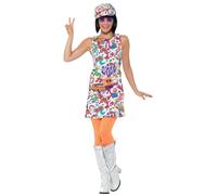 Smiffys 60's Groovy Chick Costume, Multi-Coloured with Dress & Hat, 1960's Groov