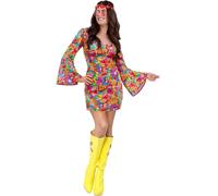 Smiffys 60s Rainbow Peace Hippie Costume for Women, Colourful Psychedelic Mini Dress Flared Sleeves, 1960s Flower Power Fancy Dress Outfit for Retro Parties, Festivals, & Themed Events Small
