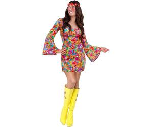 Smiffys 60s Rainbow Peace Hippie Costume for Women, Colourful Psychedelic Mini Dress Flared Sleeves, 1960s Flower Power Fancy Dress Outfit for Retro Parties, Festivals, & Themed Events