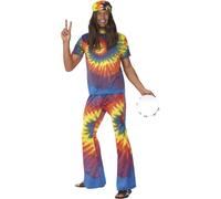 Smiffys 60s Tie Dye Top and Flared Trousers, Multi-Colou , 1960's Groovy Fancy Dress, 1960s Dress Up Costumes