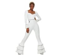 Smiffys 70s Deluxe Glam Costume, White Ruffled Jumpsuit, 1970's Disco Fancy Dress, 1970s Dress Up Costumes