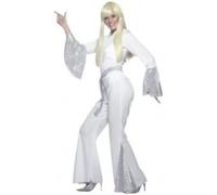 Smiffys 70s Disco Lady Costume, White with Top, Trousers and Belt, 1970's Disco Fancy Dress, 1970s Dress Up Costumes, L - UK Size 16-18