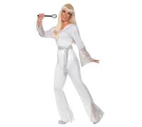 Smiffys 70s Disco Lady Costume, White with Top, Trousers and Belt, 1970's Disco Fancy Dress, 1970s Dress Up Costumes, L - UK Size 16-18