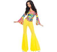 Smiffys 70s Groovy Babe Costume, Yellow with Top and Flared Trousers, 1970's Disco Fancy Dress, 1970s Dress Up Costumes