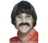 Smiffys 70s Mersey Wig & Tash, Black Short Styled, 1970's Disco Fancy Dress, 1970s Dress Up Wigs Halloween