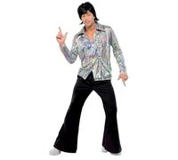 Smiffys 70s Retro Costume, Black with Psychedelic Pattern Shirt and Flares, 1970's Disco Fancy Dress, 1970s Dress Up Costumes