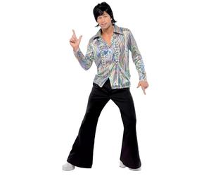 Smiffys 70s Retro Costume, Black with Psychedelic Pattern Shirt and Flares, 1970's Disco Fancy Dress, 1970s Dress Up Costumes