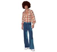 Smiffys 70s Retro Costume, Blue with Shirt & Patchwork Denim Trousers, 1970's Disco Fancy Dress, 1970s Dress Up Costumes