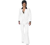 Smiffys 70s Suit Costume, White Jacket with Mock Shirt, Waistcoat & Trousers, 1970's Disco Fancy Dress, 1970s Dress Up Costumes