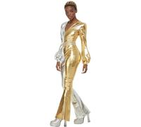 Smiffys 70s Super Chic Costume, Gold & Silver All In One & Belt, 1970's Disco Fancy Dress, 1970s Dress Up Costumes