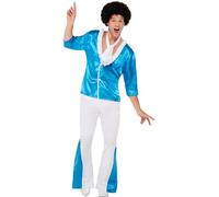 Smiffys 70s Super Glam Costume, Blue Shirt, Trousers & Neck Tie, 1970's Disco Fancy Dress, 1970s Dress Up Costumes