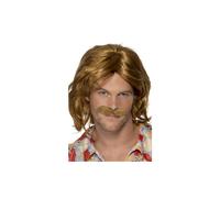 Mens Brown Wig Moustache Set 70s Disco Retro Party Singer Pop Band Stag Swedish