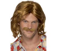 Smiffys 70s Super Trouper Wig & Moustache, Brown Mid Length, 1970's Disco Fancy