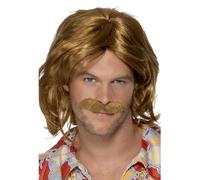 Smiffys 70s Super Trouper Wig & Moustache, Brown Mid Length, 1970's Disco Fancy Dress, 1970s Dress Up Wigs Halloween