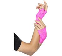 Smiffys 80s Fingerless Lace Gloves, Neon Pink Short, 1980's Fancy Dress, 1980s Dress Up Accessories