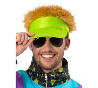 Adult 80's Neon Green Visor Hat (Golfer Style) with Hair Stag Party Fancy Dress