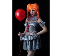 Smiffys IT Chapter Two Pennywise Ladies Costume for Adults, Mini Dress with Sleeves, Neck Ruffle, and Tights, Grey, Officially Licensed, Ideal for Halloween and Matching Fancy Dress Parties