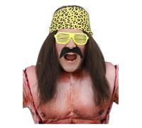 Smiffys 90s Wrestling Star Kit Brown Fancy Dress Accessory Set for Adults Includes Long Brown Wig Leopard Print Bandana Self Adhesive Moustache and Yellow Shutter Specs for Retro Costume Parties