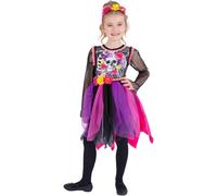 Smiffys 99942 Day of The Dead Pom Costume, Girls, Multi-Colour, M-7-9 Years