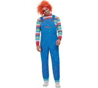 Smiffys Chucky Costume in Blue for Adults, Top and Printed Dungarees, Officially Licensed, Striped Top with Colour Block Cuffs, Perfect for Halloween and Matching Pet Costumes