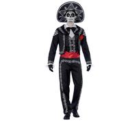 Smiffys Adult men's Day of the Dead Senor Bones Costume, Jacket, trousers, Mock Shirt and Hat, Day of the Dead, Halloween, Black, M - Size 38-40