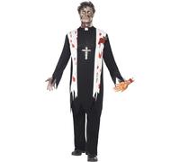 Smiffys Adult Men's Zombie Priest Costume, Blooded Top, Latex Wound, Collar and